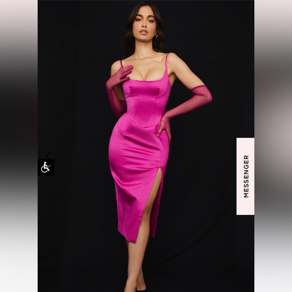 House of CB Fuchsia Pink Corset, Split Hem Midi Dress/Gown